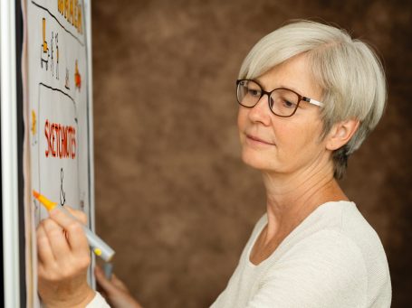 Graphic Recording Künstlerin Kathrin Werner in ihrem Atelier in Ludwigsburg bei der Arbeit an einem Whiteboard